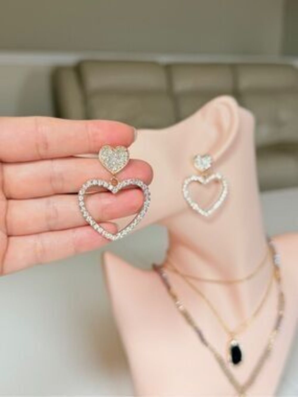 Sparkling Gold Heart Earrings With Crystals